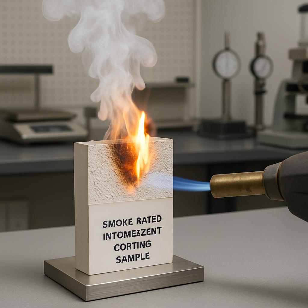 A white block bearing a label reading 'SMOKE RATED INTOMEZZENT CORTING SAMPLE" is engulfed in flames, with a blue flame vi...