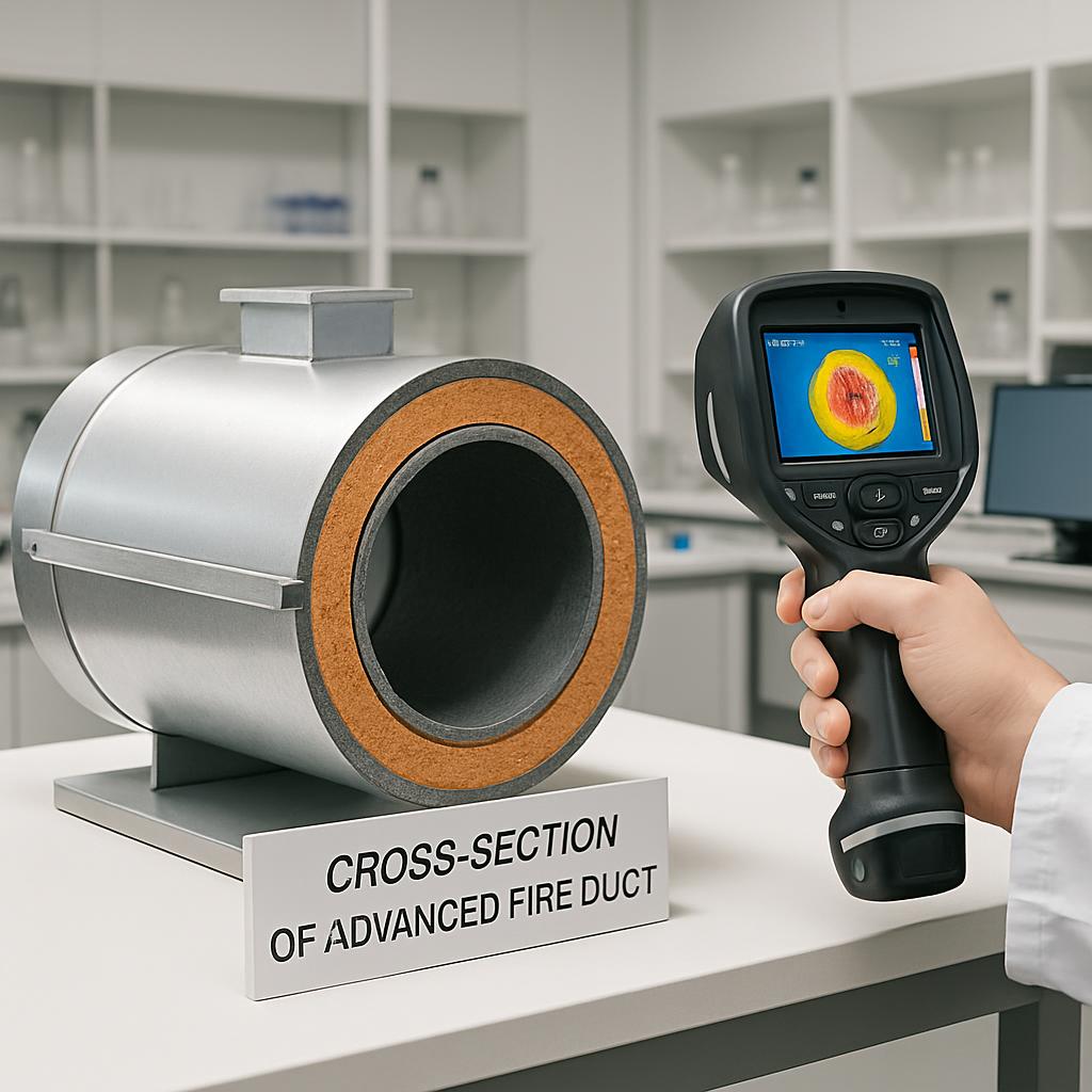 A person in a white lab coat holding a handheld thermal imaging camera, capturing an image of a cross-section of advanced ...