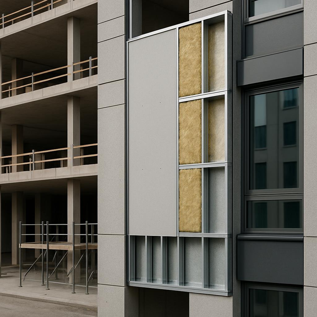 >An exterior wall of a grey building with a golden window in light, cold-saturated tones. There appears to be scaffolding ...