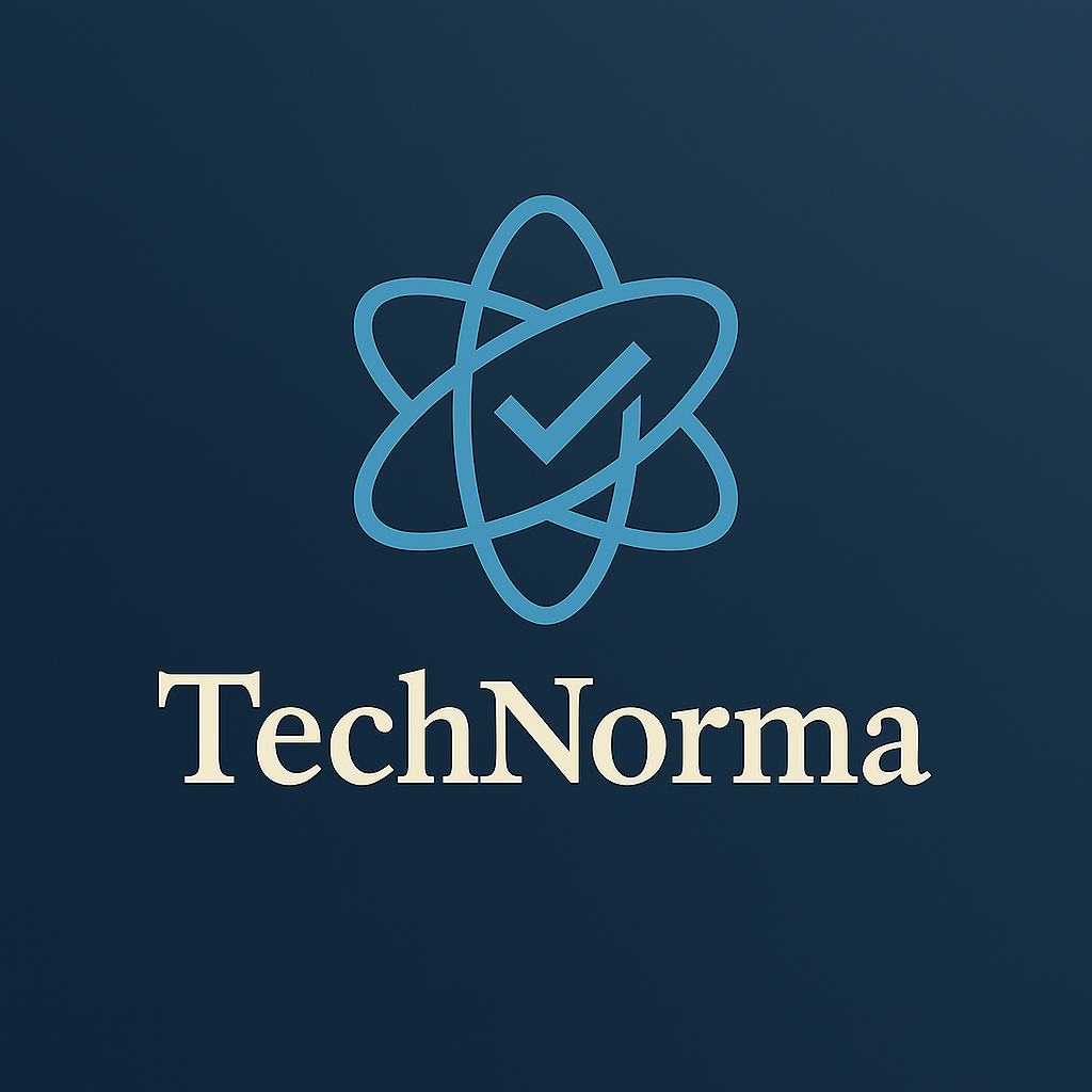 The logo of TechNorma featuring an atom symbol in the background, mainly in shades of blue.